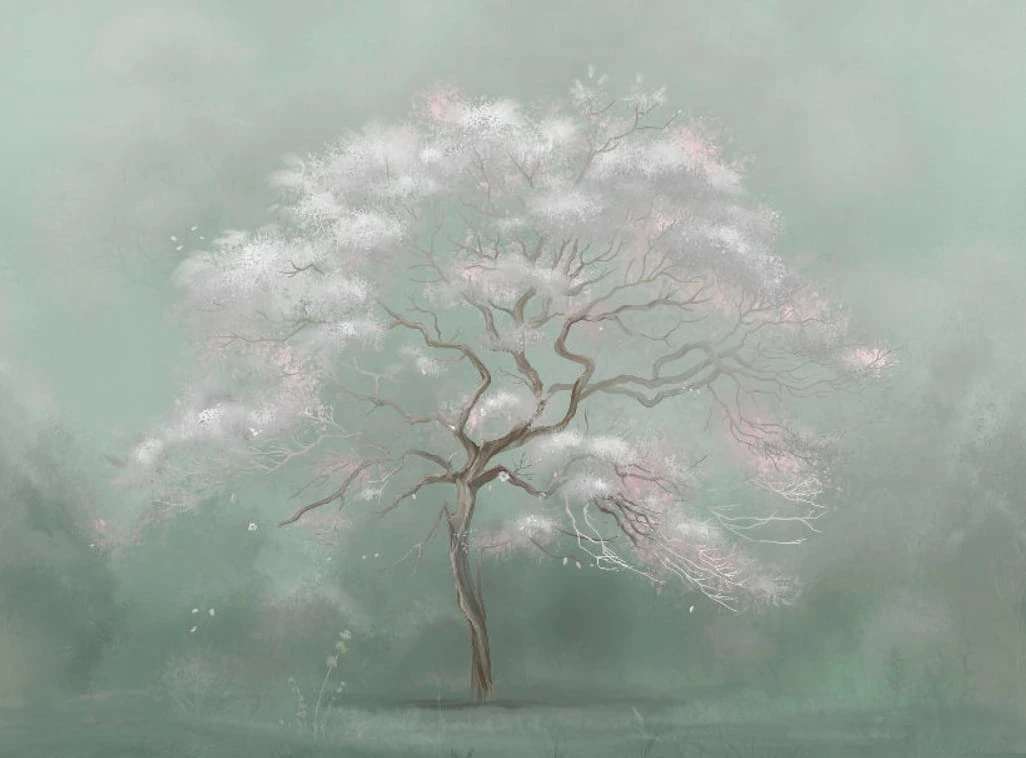 Фотообои и фрески на стену - современные, дерево, на салатовом фоне, белое