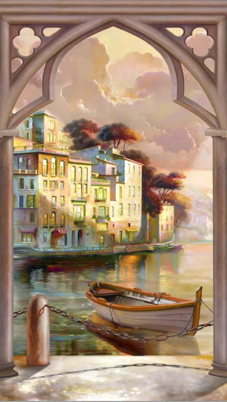 Фотообои и фрески на стену - пейзаж, город, лодка, дома, вид  из арки, река, желтоватые, природа, венеция, серые, город на воде, лодки, сиреневые, городской пкйзаж, бежевые