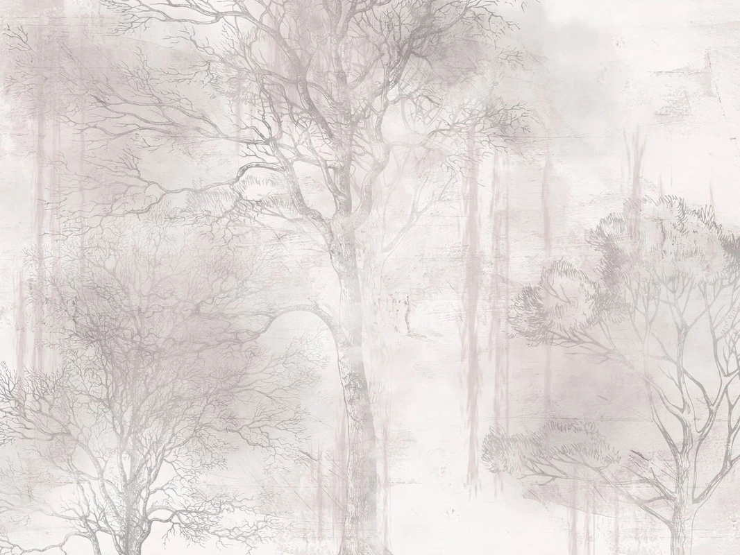 Фотообои и фрески на стену - современные, графика, бежевые, лес в тумане, деревья, парк