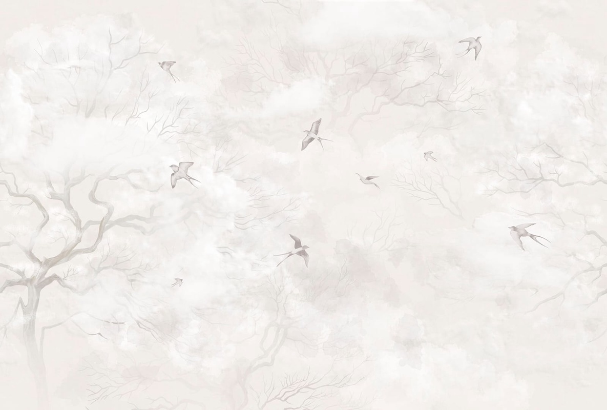 Фотообои и фрески на стену - современные, дерево, птицы, светло бежевые