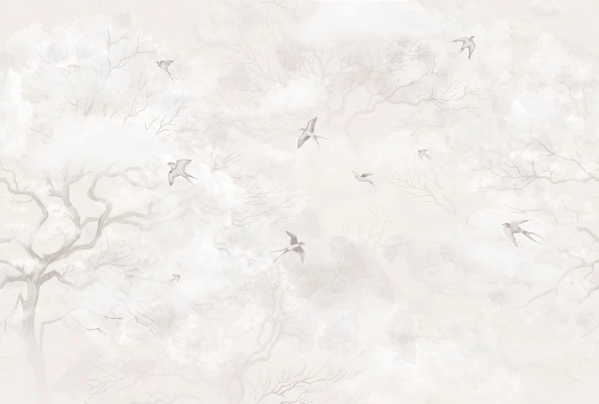 Фотообои и фрески на стену - современные, дерево, птицы, светло бежевые