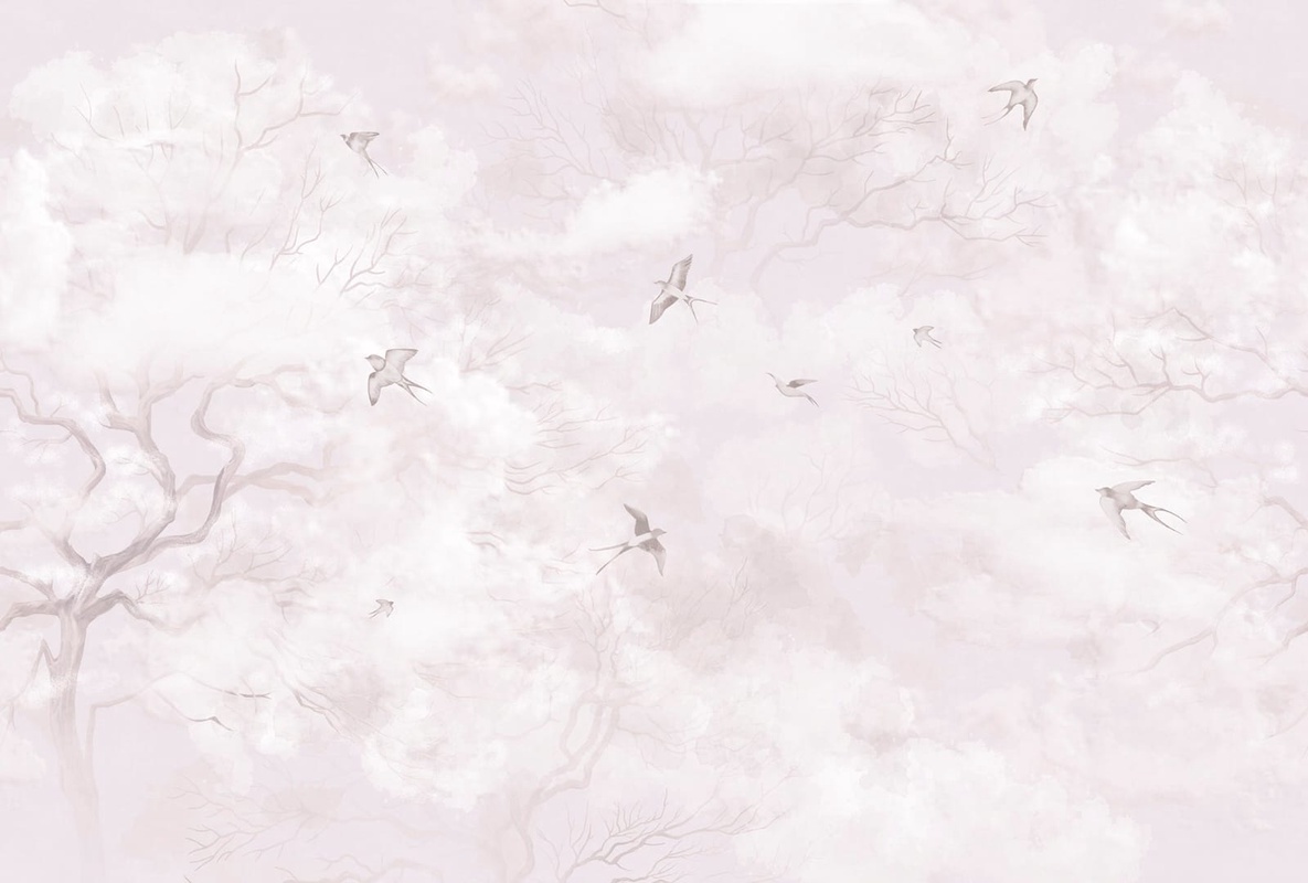 Фотообои и фрески на стену - современные, дерево, птицы, светло коричневая, бледно розовая