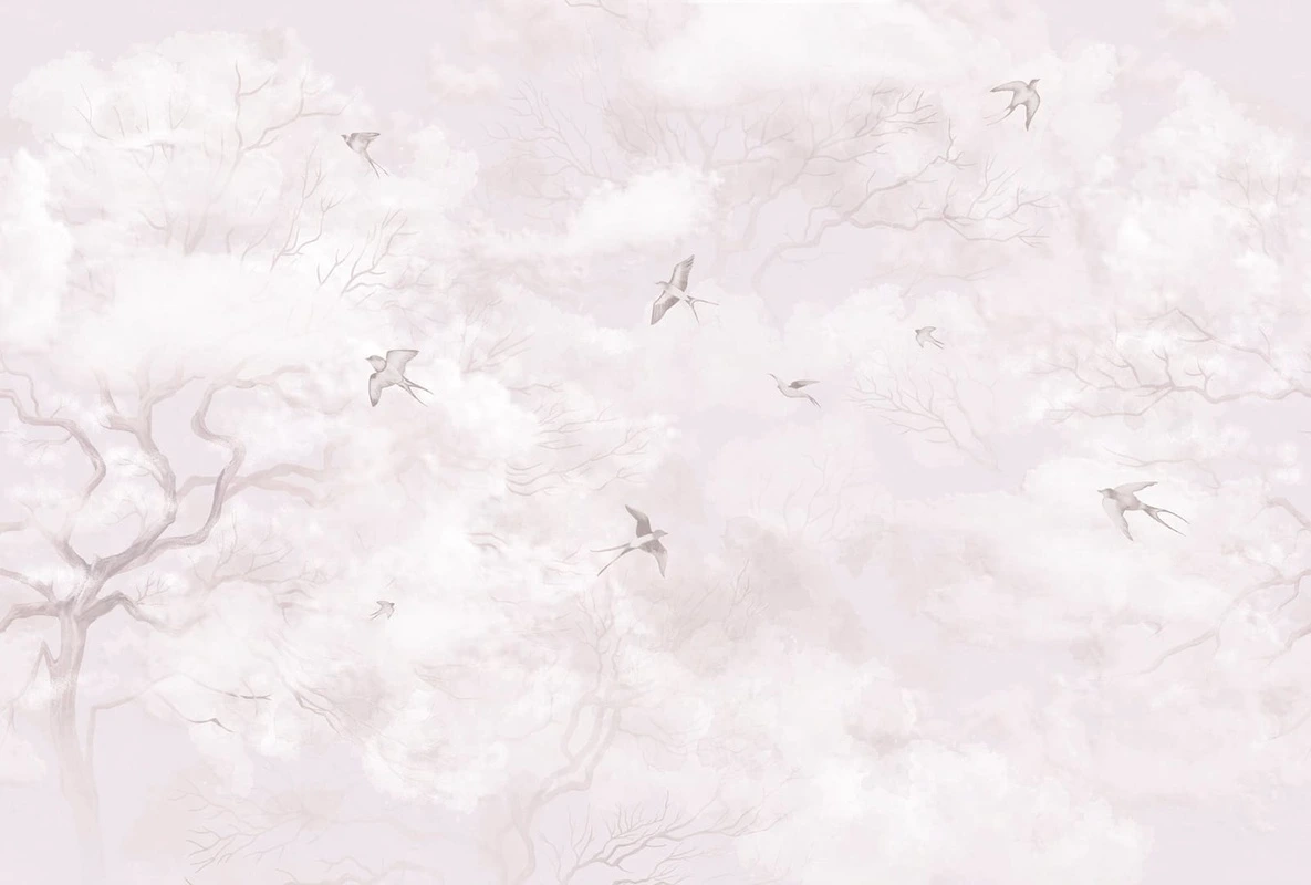 Фотообои и фрески на стену - современные, дерево, птицы, светло коричневая, бледно розовая