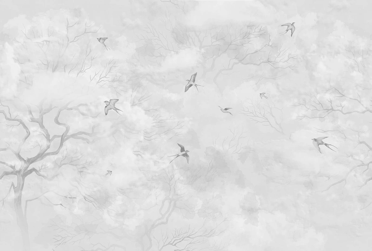 Фотообои и фрески на стену - современные, дерево, птицы, светло серая