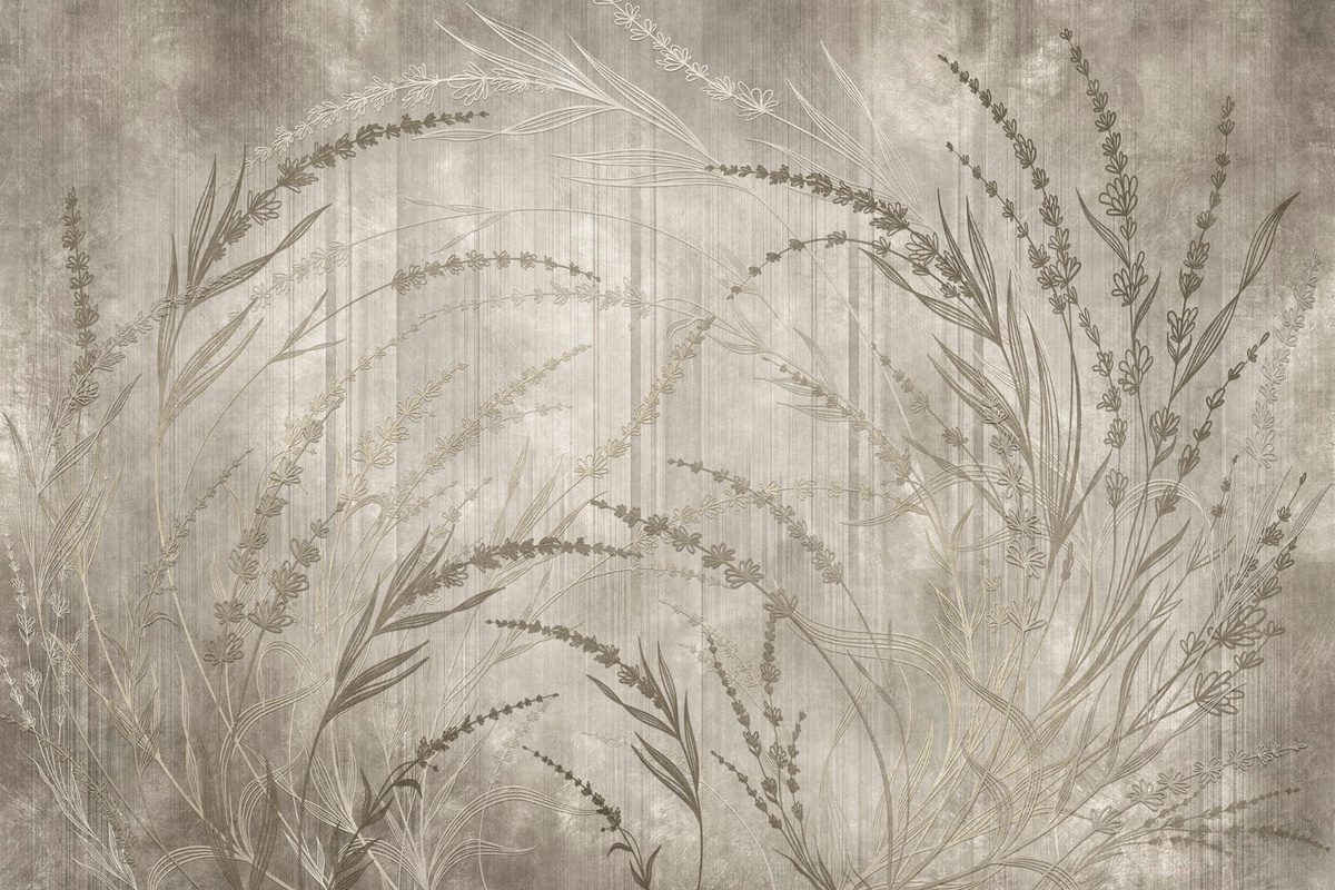 Фотообои и фрески на стену - графика, трава, серо-бежевая