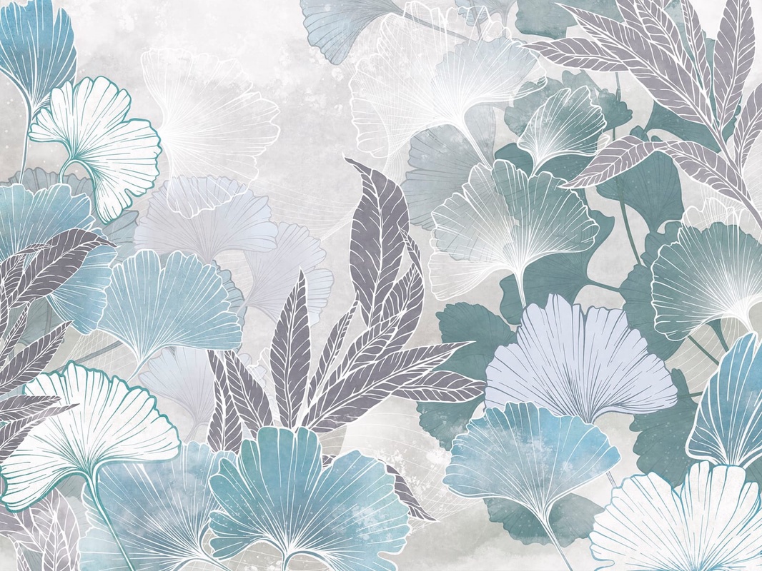 Фотообои на стену - современные, листья, голубая