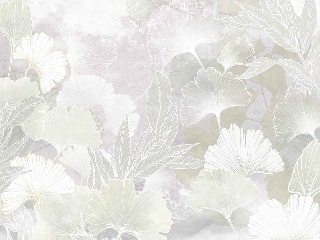 Фотообои на стену - современные, листья, светло серые, белые