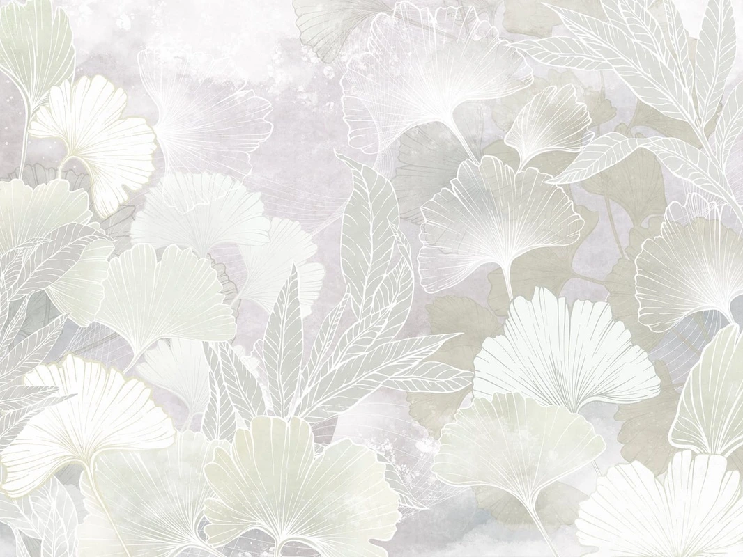 Фотообои и фрески на стену - современные, листья, светло серые, белые