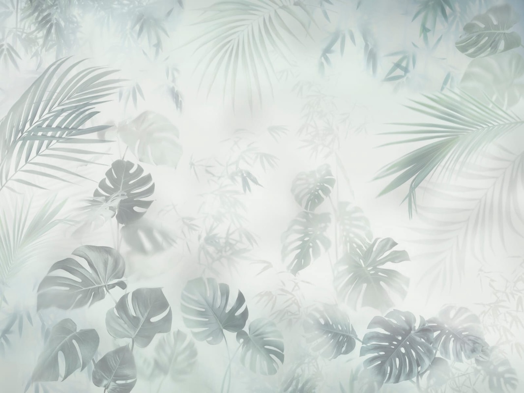 Фотообои на стену - современные, тропические листья, светлые, серо-зеленые