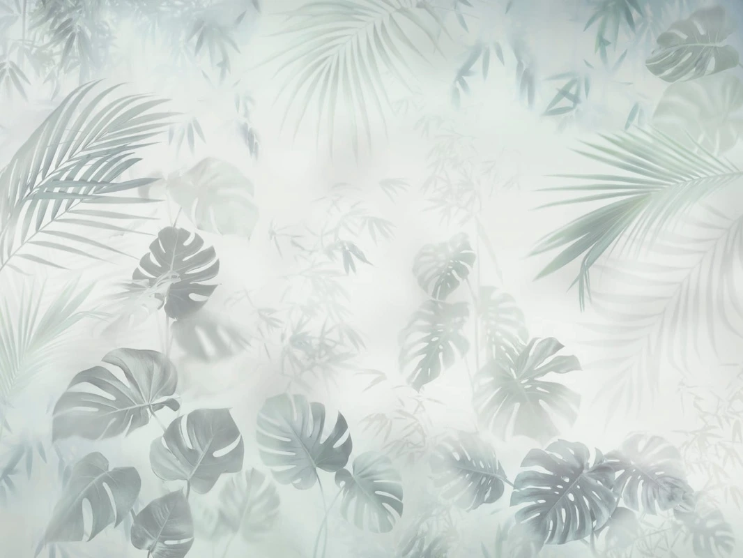 Фотообои и фрески на стену - современные, тропические листья, светлые, серо-зеленые