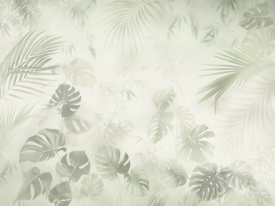 Фотообои и фрески на стену - современные, тропические листья, светлые, зеленые
