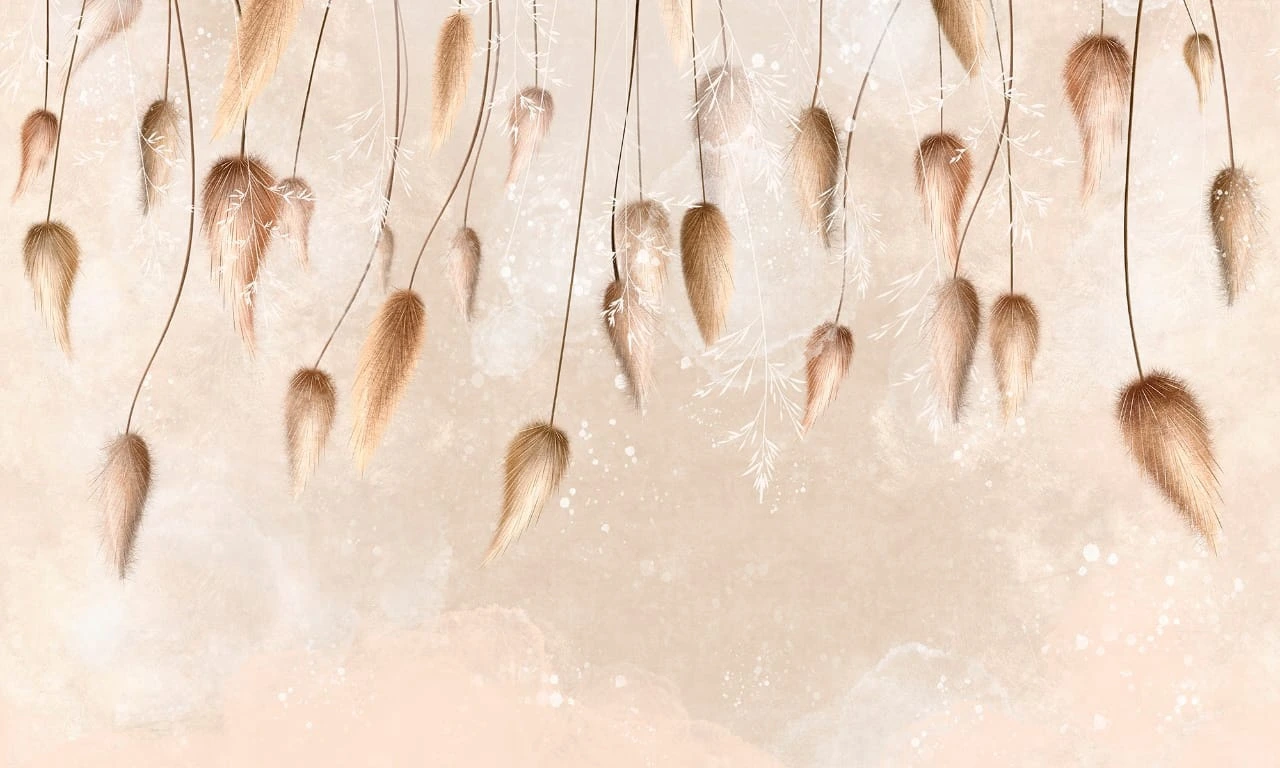 Фотообои на стену - современные, свисающие, листья, с цветами, светло персиковые