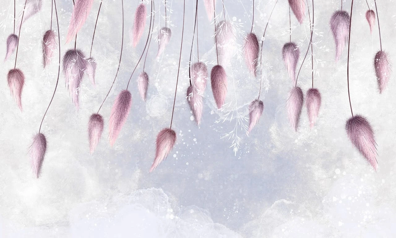 Фотообои на стену - современные, свисающие, листья с цветами, на сиреневом фоне