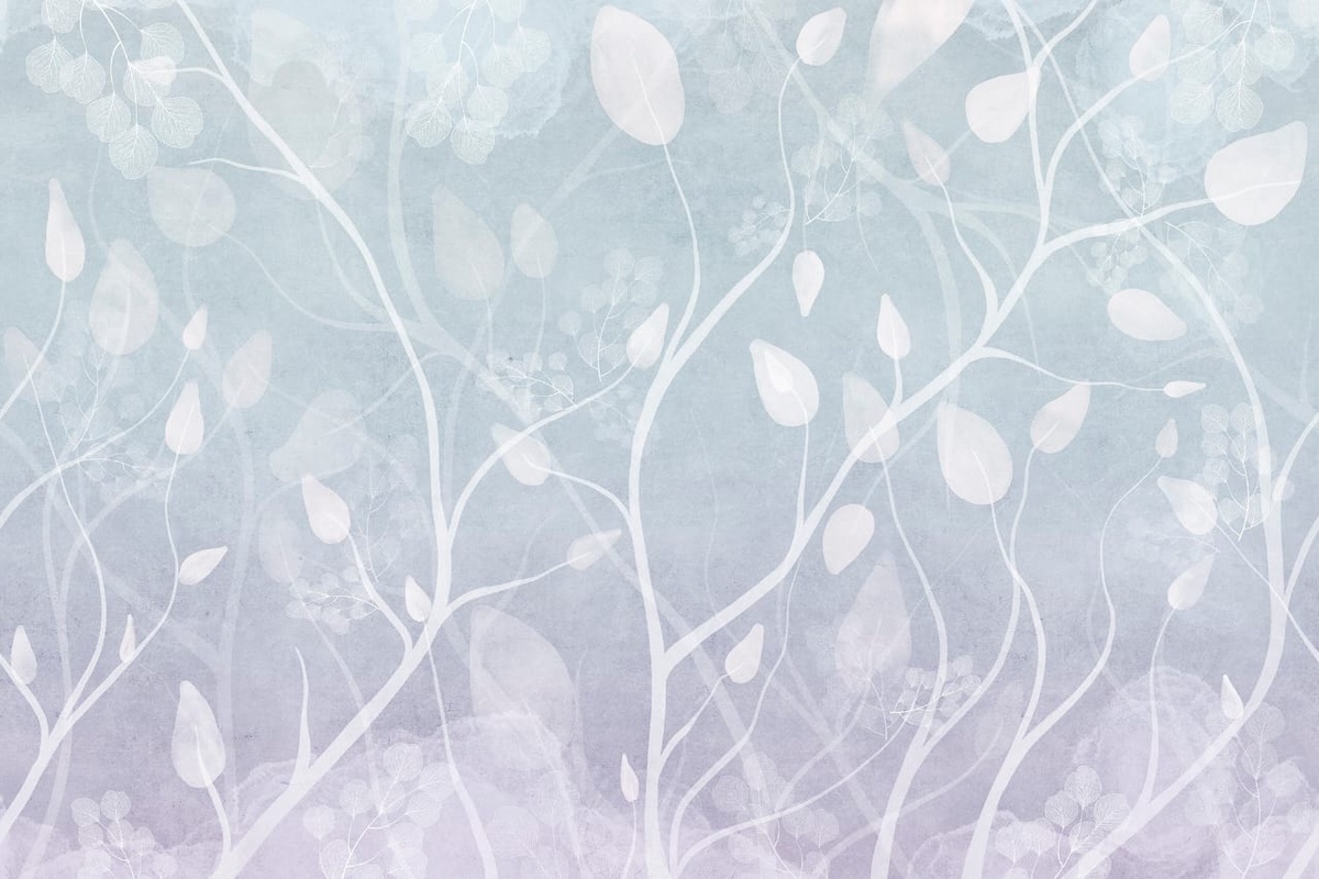 Фотообои на стену - современные, ветки, листья, голубые, белые