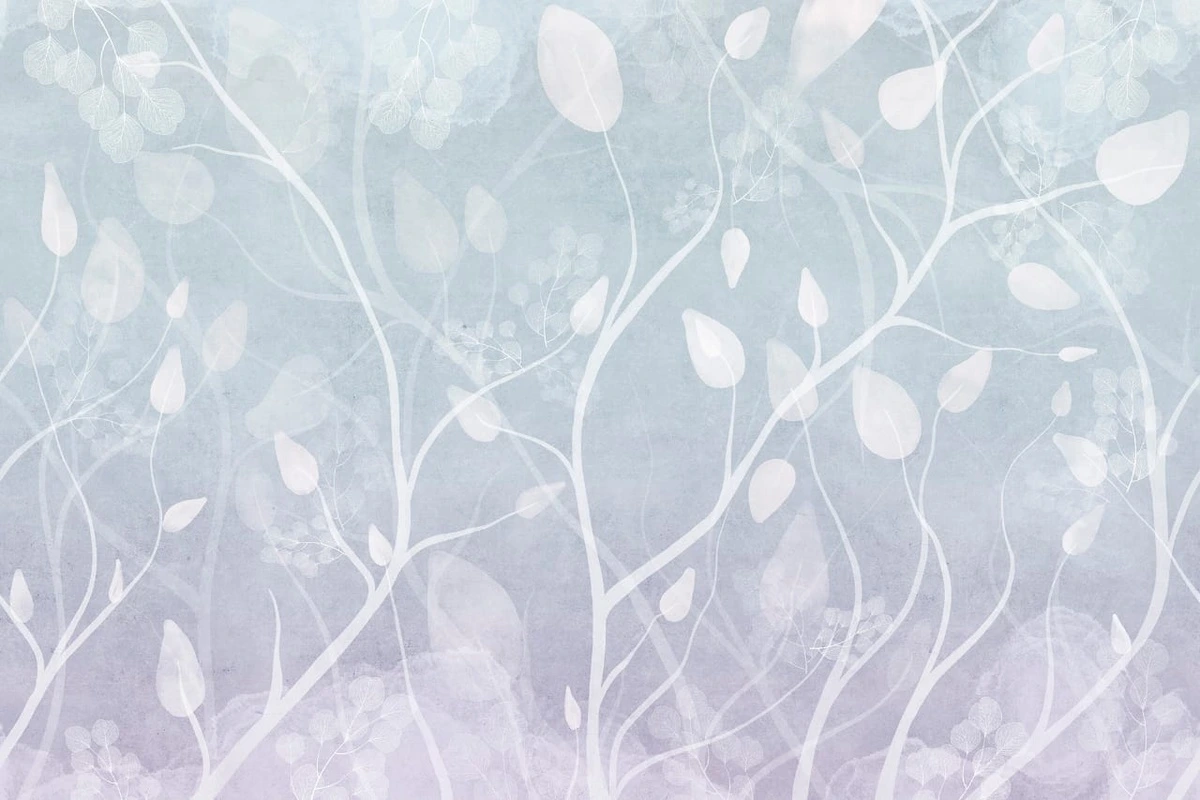 Фотообои и фрески на стену - современные, ветки, листья, голубые, белые