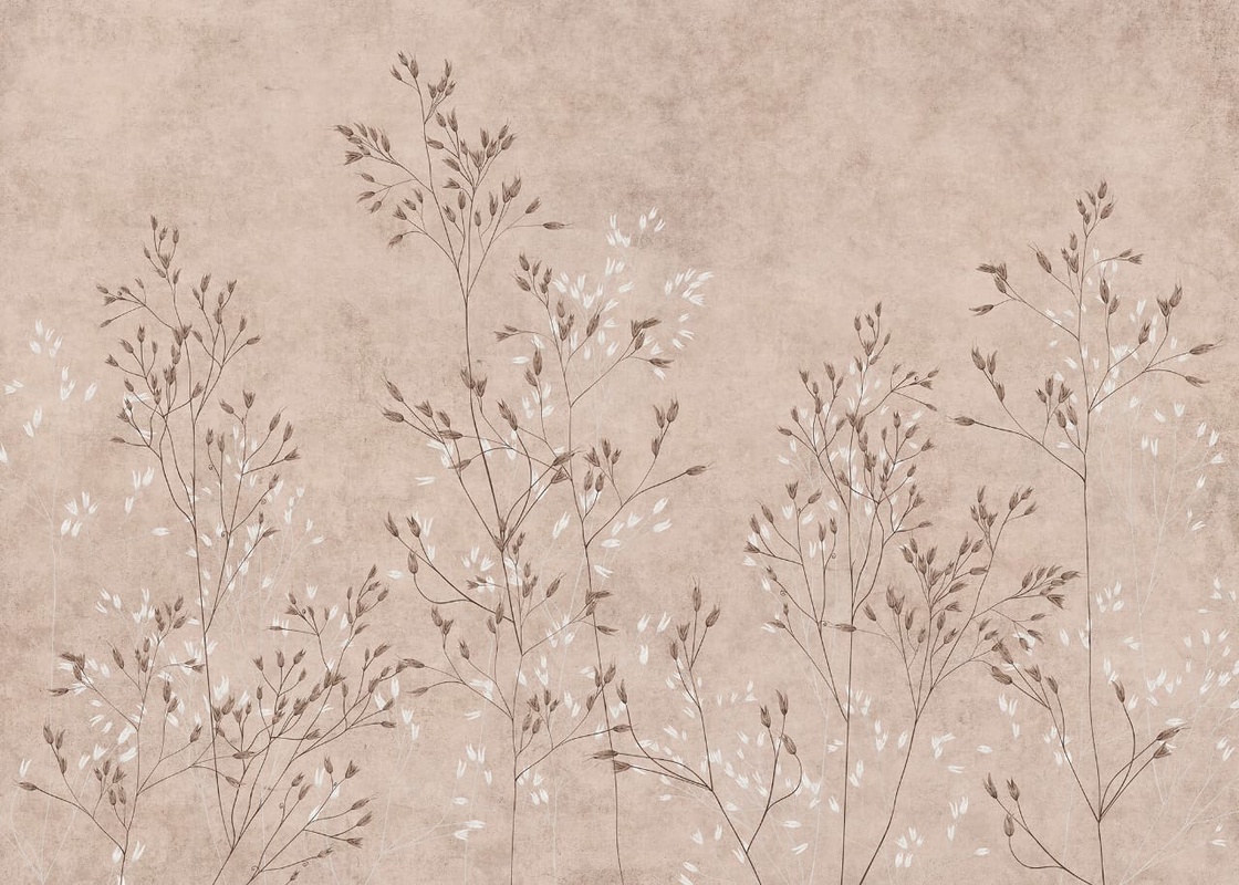 Фотообои и фрески на стену - современные, ветки, трава, бежевые