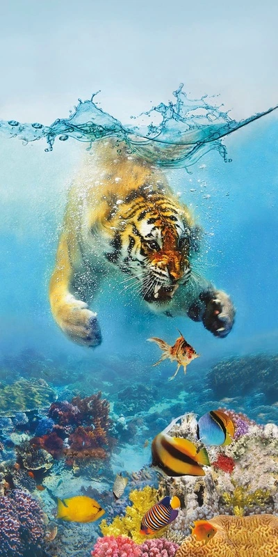 Фотообои и фрески на стену - в детскую комнату, тигр, подводный мир