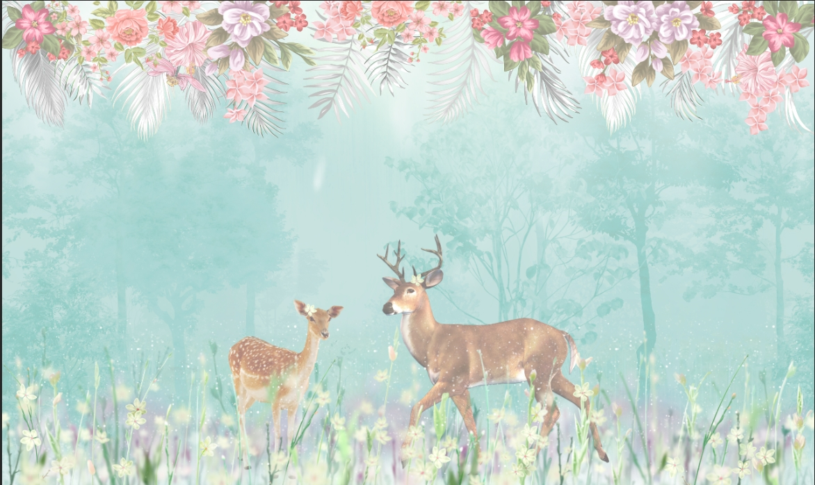 Фотообои и фрески на стену - животные, цветы, олени, листья, лес, поляна, олень с цветами, олени в туманном лесу