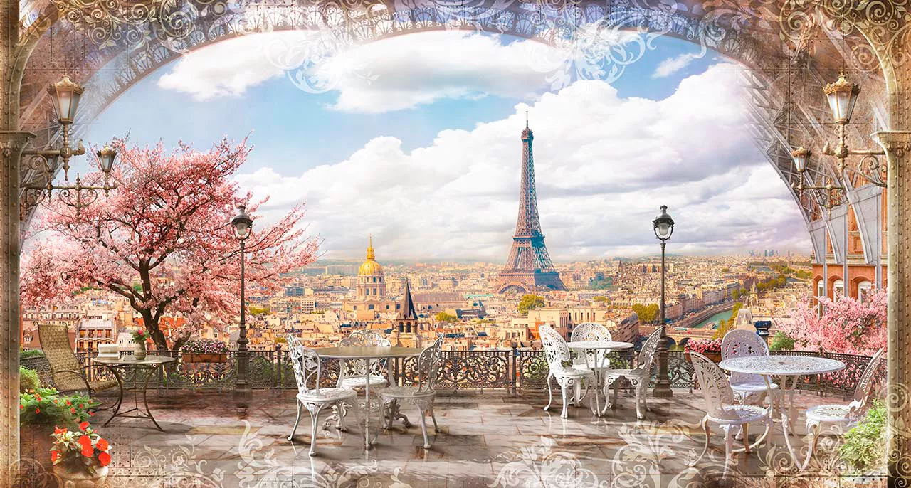 Фотообои и фрески на стену - стулья, эйфелева башня, балкон, франция, париж, облака, небо, изгородь, вид на город, город, вид из арки, столы