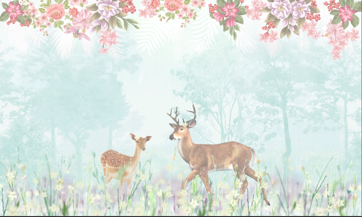 Фотообои и фрески на стену - лес, цветы, олени, листья, в детскую комнату, поляна, животные, лес в тумане с оленями, туманный лес, лес в детскую комнату, олень с цветами, с дикими животными, олени в туманном лесу