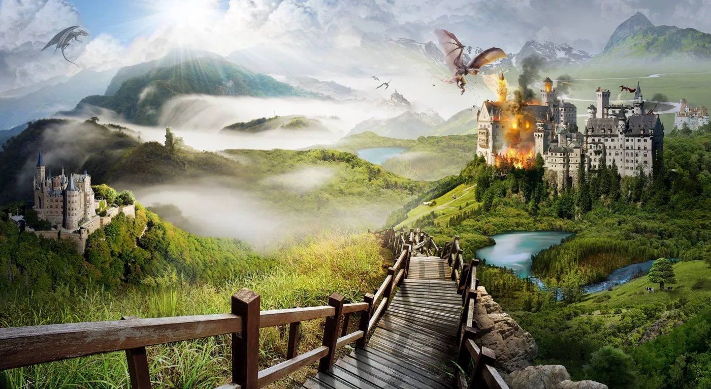Фотообои и фрески на стену - природа, фантастика, дым, водоемы, фэнтези, огонь, пламя, драконы, животные, деревья, холмы, лестница, существа, горы, зелень, пожар, замок, дворец, огонь замок
