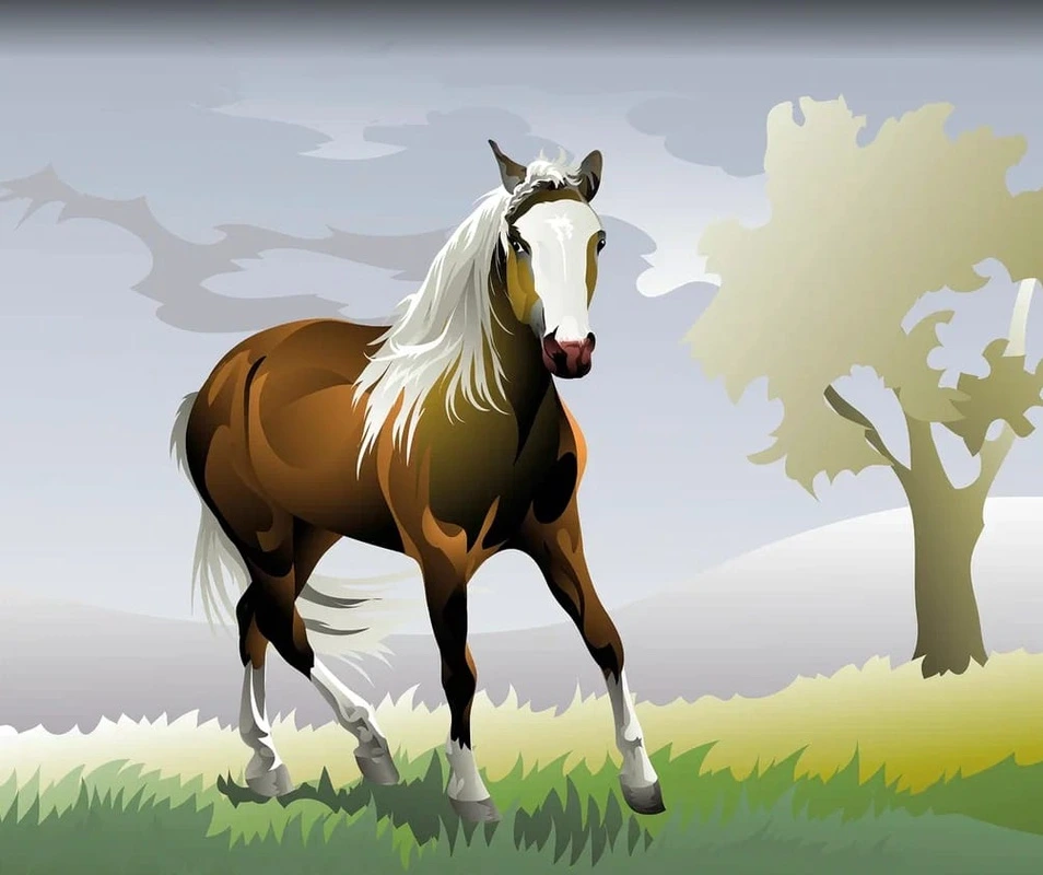 Фотообои и фрески на стену - в офис, лошадь, гнедая, на траве