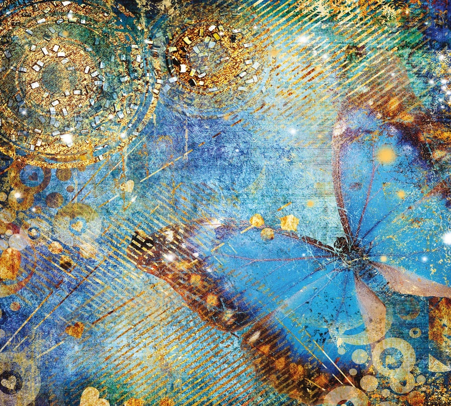 Фотообои на стену - в детскую комнату, бабочка, голубая, синяя с золотом