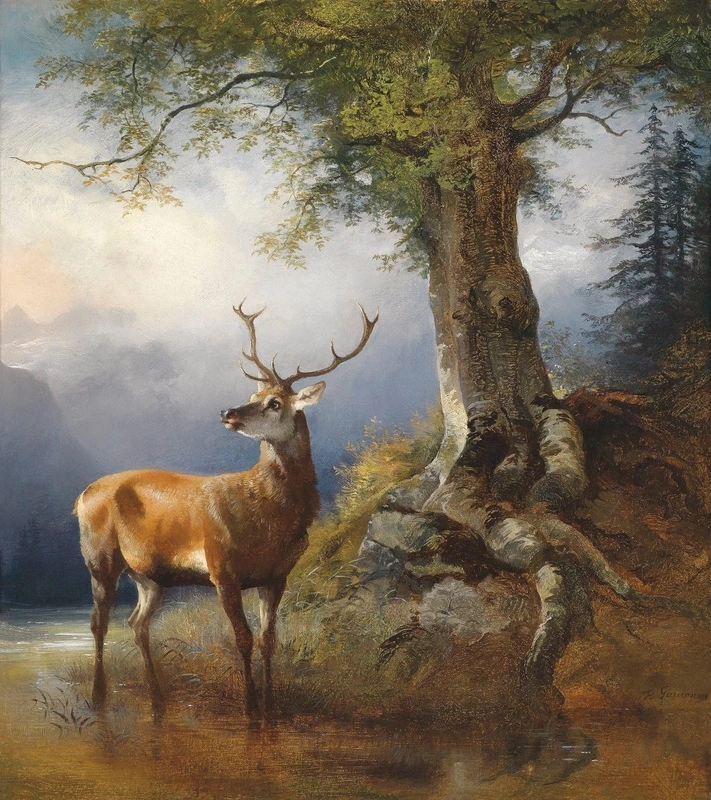 Фотообои и фрески на стену - живопись, природа, животные, олень, дерево