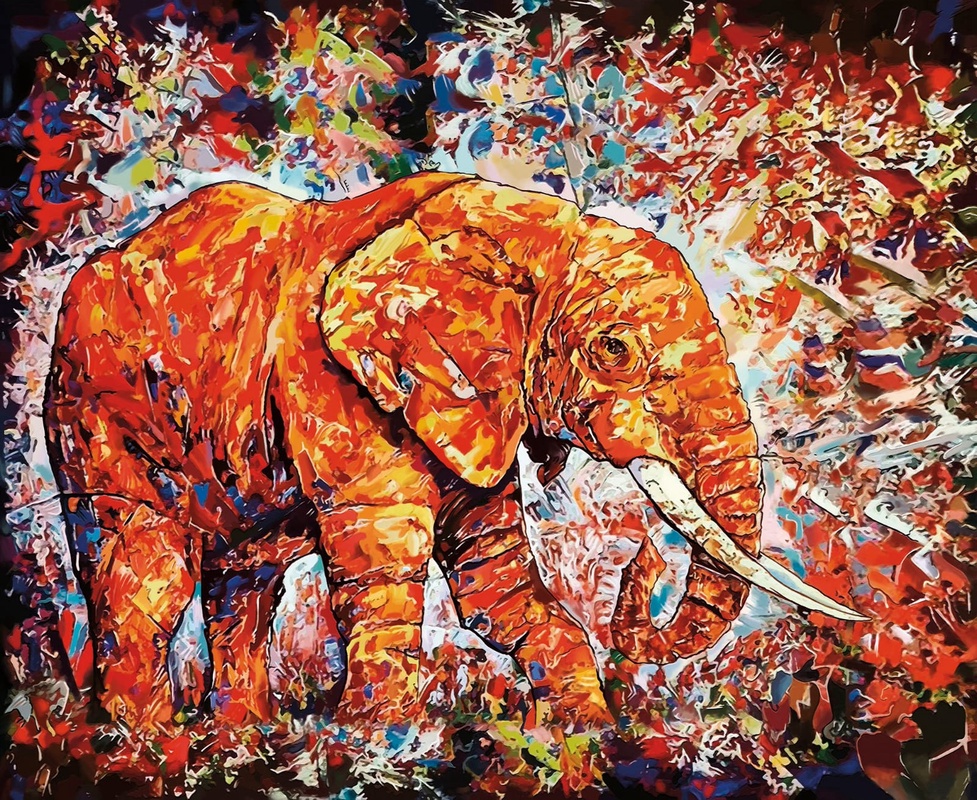 Фотообои и фрески на стену - живопись, слон, оранжевый