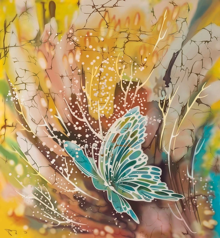 Фотообои и фрески на стену - живопись, бабочка, голубая, желтая