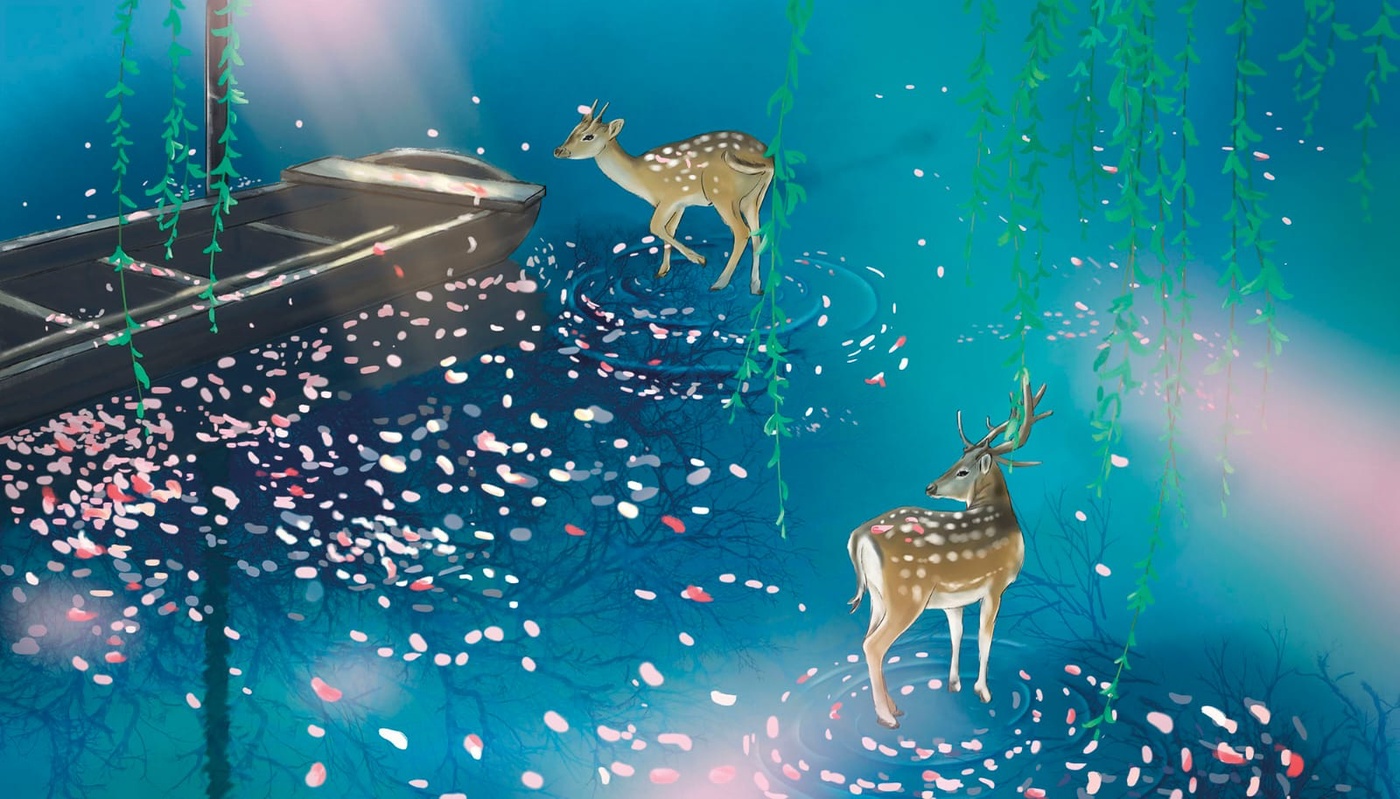 Фотообои и фрески на стену - живопись, олени, синий