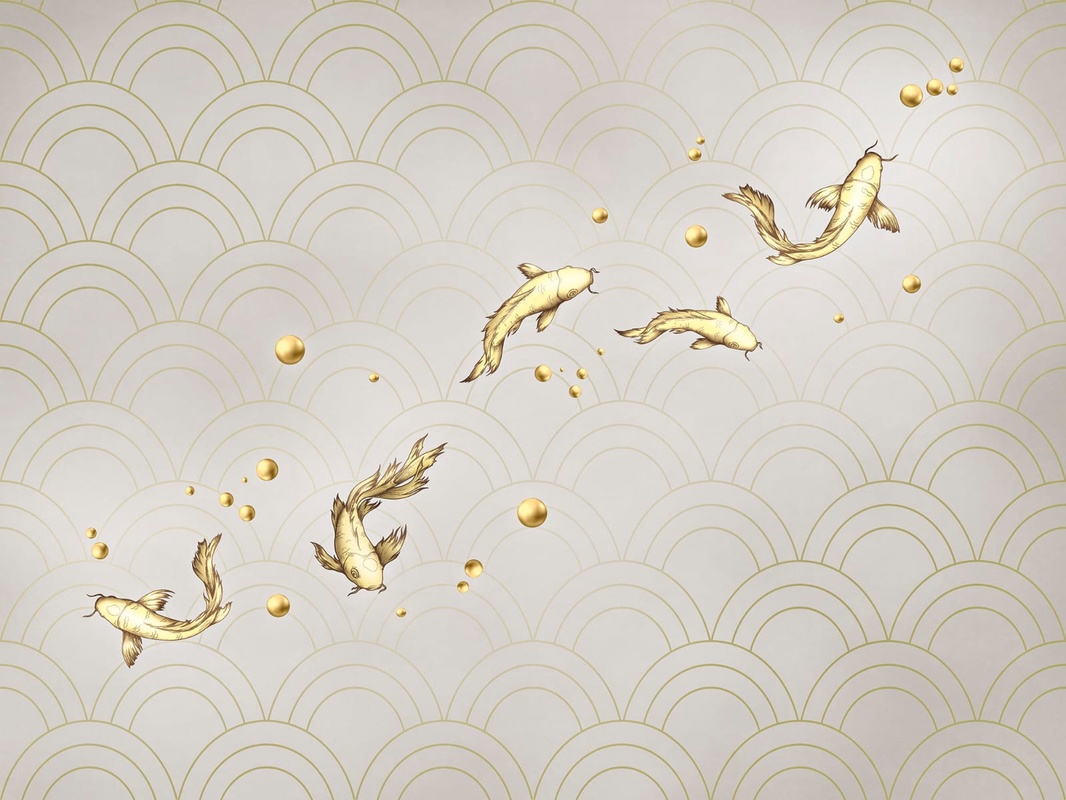 Фотообои и фрески на стену - в спальню, рыбы, золотые, на сером фоне