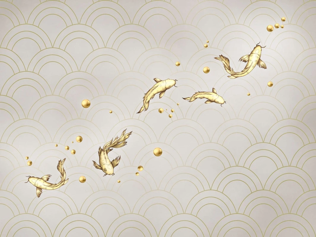 Фотообои на стену - в спальню, рыбы, золотые, на сером фоне