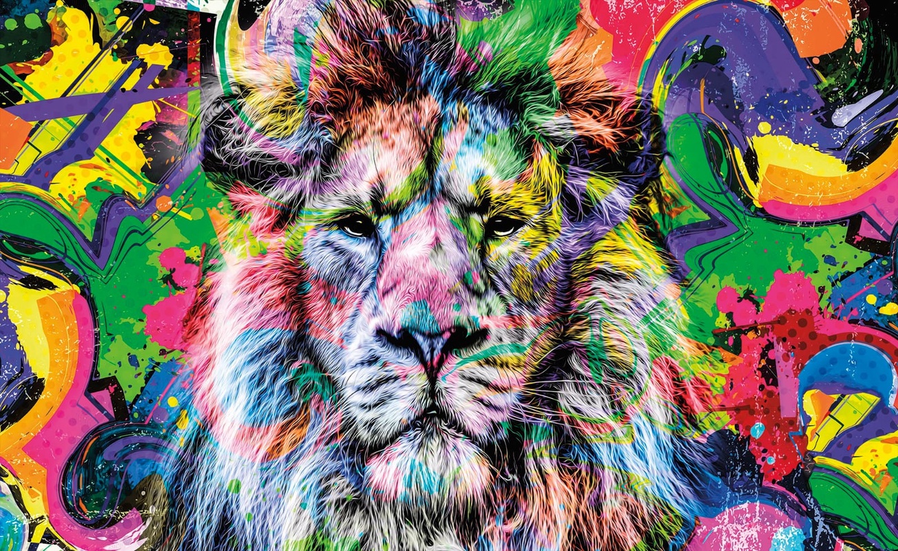 Фотообои и фрески на стену - живопись, лев, яркие