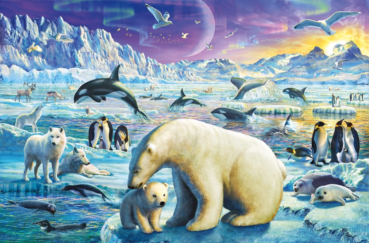 Фотообои и фрески на стену - в детскую комнату, белые медведи, арктика, голубая