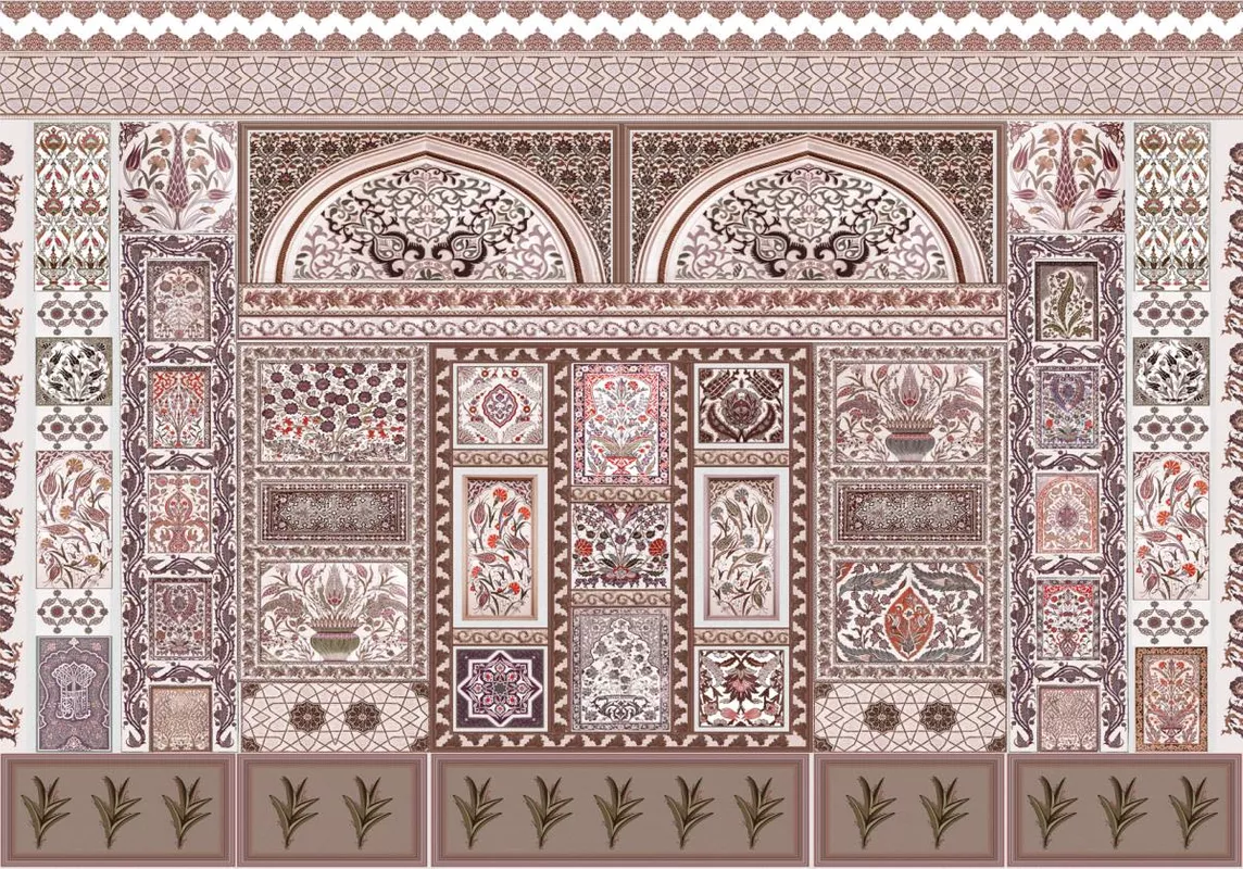 Фотообои и фрески на стену - арабский орнамент, горшок, восточный узор, мозаика, византийский узор, орнамент, трава, узор, цветы, горшки, коричневые, персидский орнамент