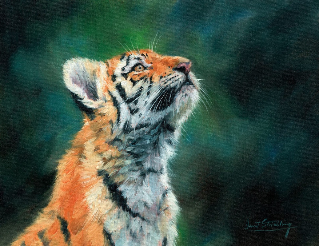 Фотообои и фрески на стену - живопись, тигр, на зеленом фоне