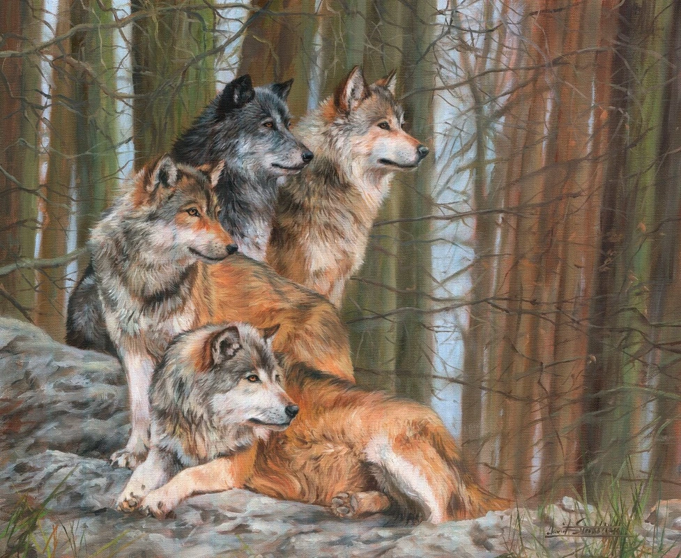 Фотообои и фрески на стену - живопись, волки, в лесу