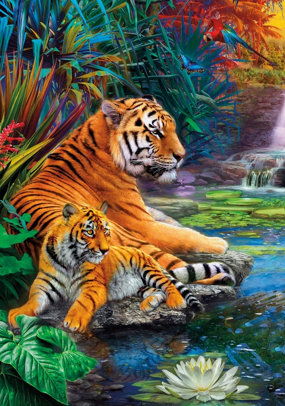 Фотообои и фрески на стену - в детскую комнату, тигр и тигренок, у воды