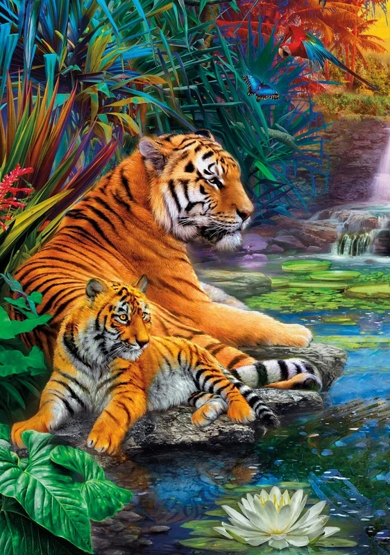 Фотообои и фрески на стену - в детскую комнату, тигр и тигренок, у воды