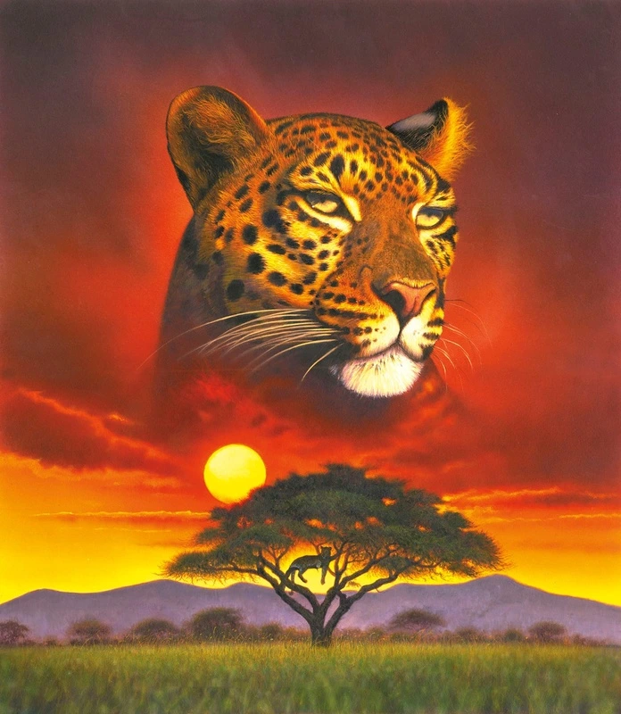 Фотообои на стену - леопард, ягуар, саванна, закат, дерево
