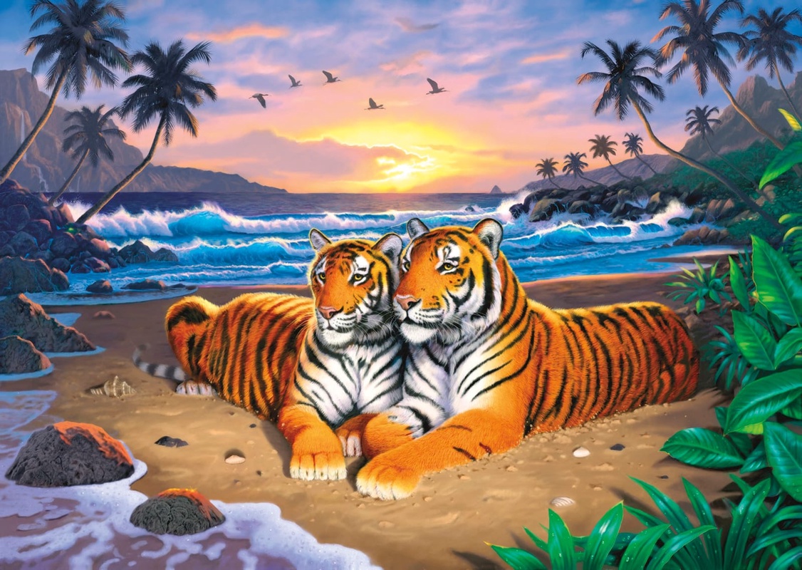 Фотообои на стену - тигры, море, песок, пальмы