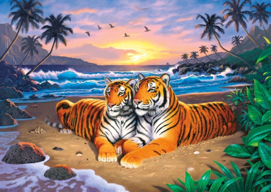 Фотообои на стену - тигры, море, песок, пальмы