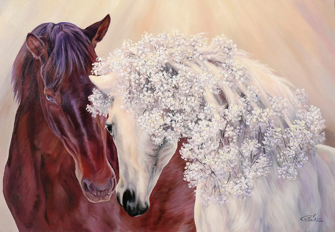 Фотообои на стену - в спальню, лошади, белая, гнедая