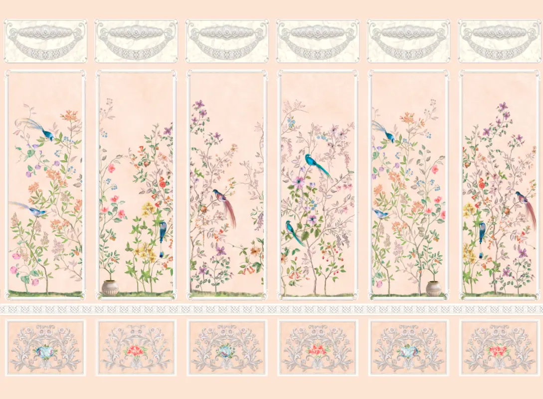 Фотообои и фрески на стену - цветущие ветки, природа, птицы, ветки, цветы, арка, розовый, узоры
