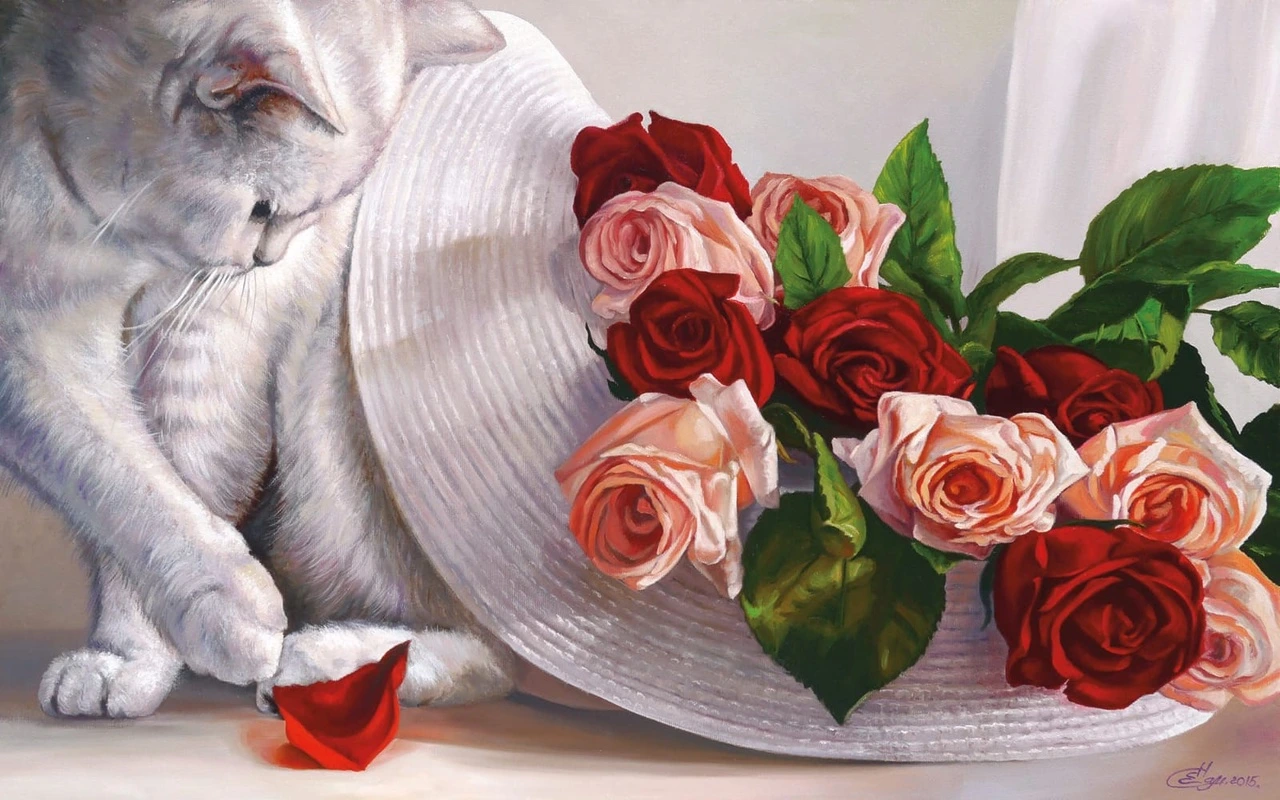 Фотообои на стену - котик, с цветами