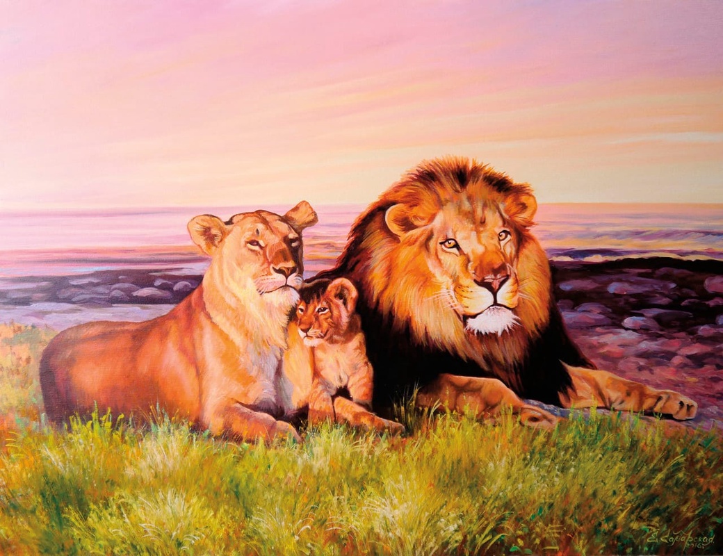 Фотообои и фрески на стену - живопись, семья львов