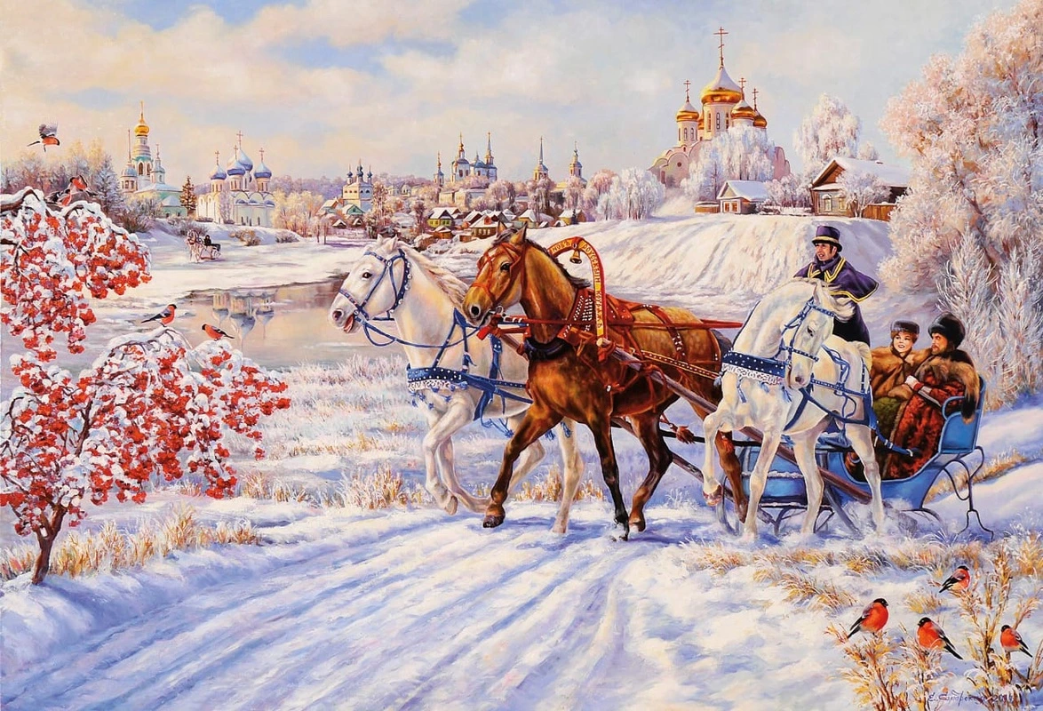 Фотообои и фрески на стену - живопись, лошади, тройка лошадей, на снегу