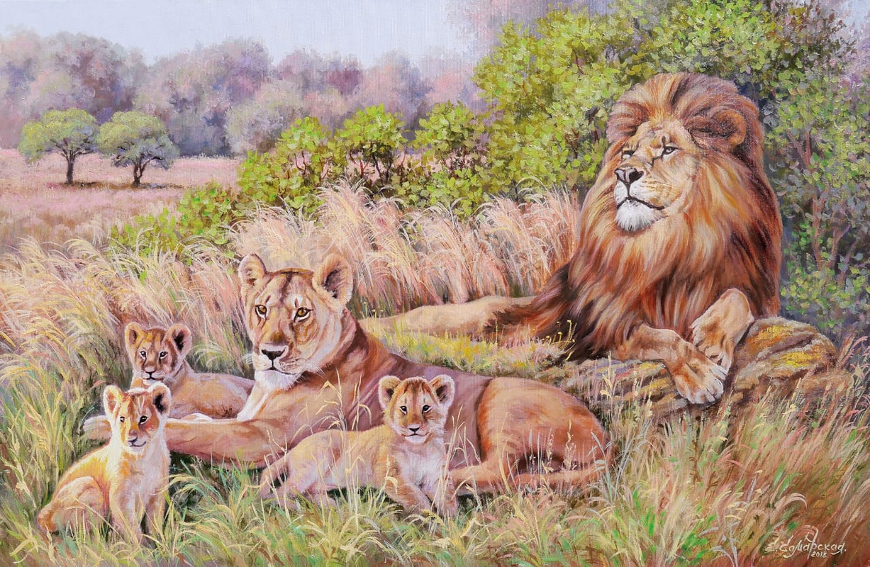 Фотообои и фрески на стену - живопись, семья львов, бежевые