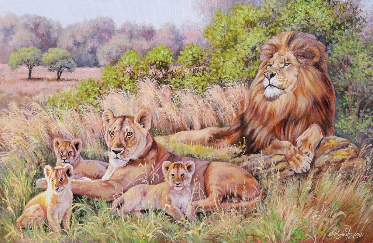 Фотообои и фрески на стену - живопись, семья львов, бежевые